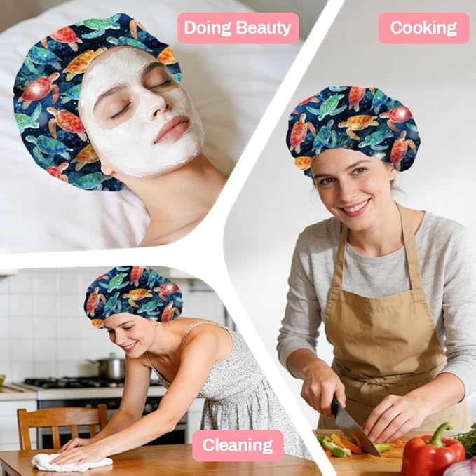 Sea Turtle Reusable Shower Cap Ocean Double Layer Waterproof Shower Caps Large Elastic Hair Cover Adjustable Hair - Drying Caps for Woman Man Bath SPA Travel One Size Fits Most