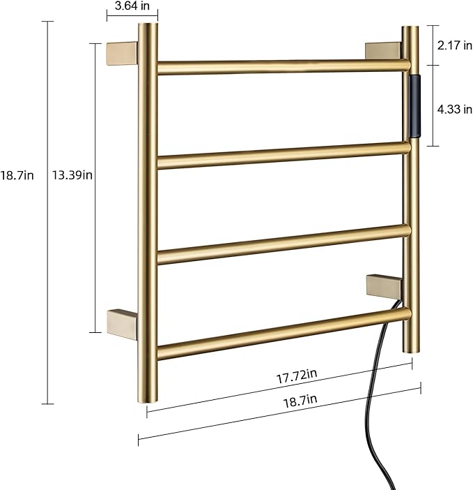 Heated Towel Rack, 4 Bar Wall Mounted Towel Warmer with Timer, Plug in/Hardwired Towel Dryer for Bathroom, Gold