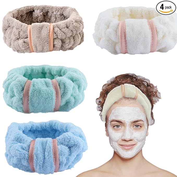 4 Pack Microfiber Towel Headbands for Washing Face, Spa & Skincare for Women (Grey White Blue Green)