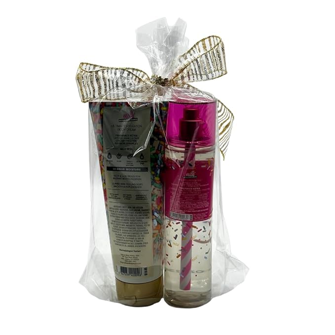Bath & Body Works MILK BAR BIRTHDAY CAKE Fine Fragrance Mist & Body Cream 2pc Gift Set with 30-Inch Metallic Gold & Silver Striped Ribbon Bow for Birthdays & Holidays – Full Size