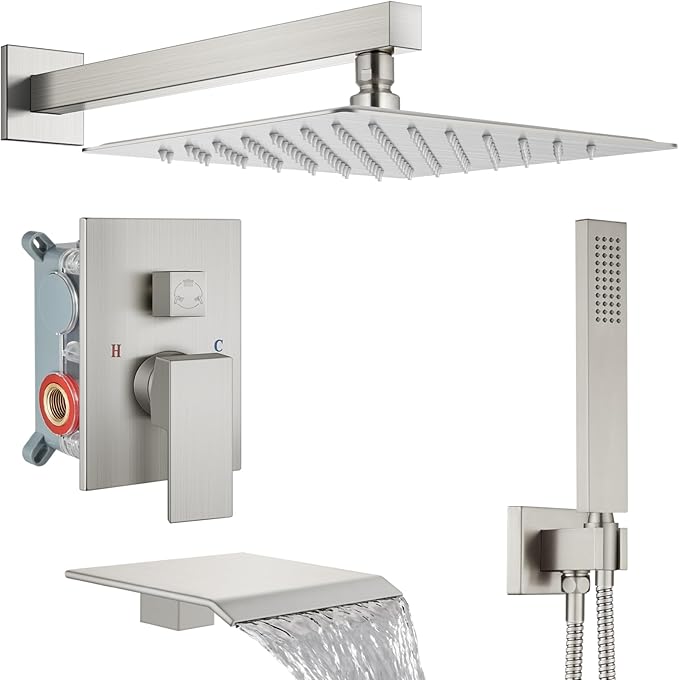 Midanya Shower System with Tub Spout,Bathtub Shower Faucet Set with Square Rainfall Head and Handheld Sprayer Wall Mount Tub Faucet Set with Valve and Trim Kit,12 Inch Brushed Nickel