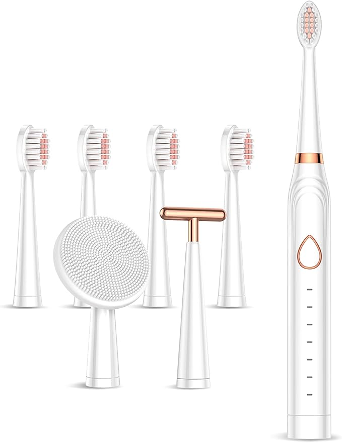 Sonic Electric Toothbrush, USB Rechargeable Powerful Sonic Cleaning Tooth Brush with 6 Modes, 5 Brush Heads + 1 Facial Cleansing Brush Head + 1 Face Massage Head Whitening Toothbrushes