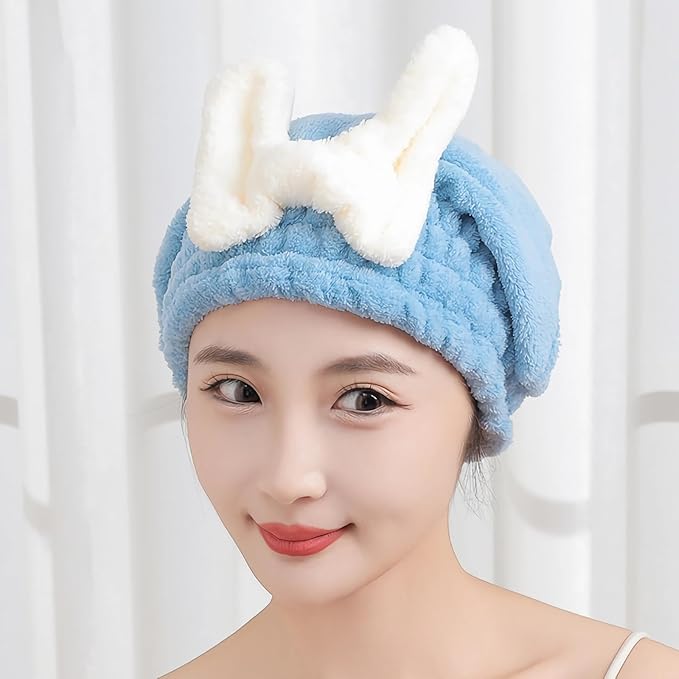 Microfiber Hair Drying Cap,Ultra Absorbent Hair Towel Wrap Turban for Girls Women Soft Quick Dry Hair Towels with Bow Tie Shower Cap for Kids (Blue)