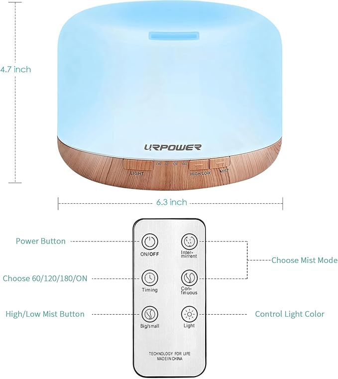 URPOWER 500ml Aromatherapy Essential Oil Diffuser Humidifier Room Decor Lighting with 4 Timer Settings, 7 LED Color Changing Lamp and Waterless Auto Shut-Off