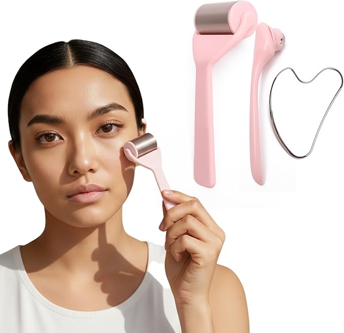 Ice Roller for Face&Eyes with Gua Sha Facial Tool, 3-Pcs Stainless Steel Facial Massage Tool Sets for Face Jawline Shaper, Double Chin Reducer, Puffiness Reducing, Lymphatic Drainage