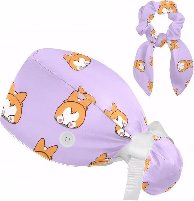 Adjustable Brown Dachshund Dog Blue Surgical Scrub Cap with Button,Sweatband for Women with Bow Hair Scrunchy