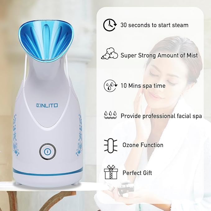 KINLITO Facial Steamer Ionic Face Steamer for Home Facial, Warm Mist Small Facial Steamer for Deep Cleaning Unclog Pores with Blackhead Remover, Aromatherapy Kit for Personal Home SPA (Blue)