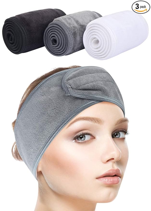 SINLAND Spa Headband for Women 3 Counts Adjustable Makeup Hair Band with Magic Tape,Head Wrap for Face Care, Makeup and Sports 3 Pack