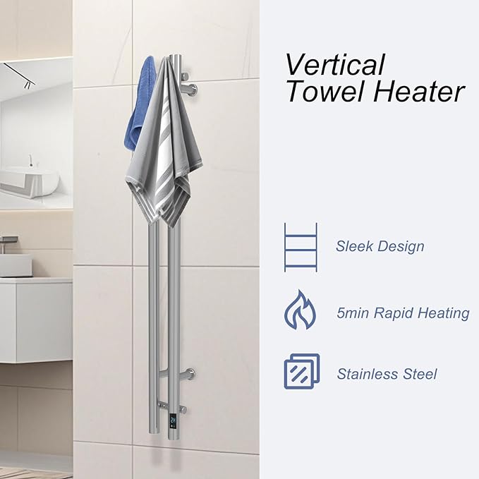 Heated Towel Rack, Towel Warmer with Timer, Wall Mounted hot Towel Warmer Rack for Bathroom, Hardwired or Plug-in Models Vertical Towel Heater, 2 Vertical Rack Round Design (Silver)