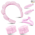 my novel things Spa Headband for Washing Face, Cute Skincare Headband and Wristband With Hair Clips Gift Set for Women Girl, Soft-Puffy Velvet Makeup Headbands (Pink)