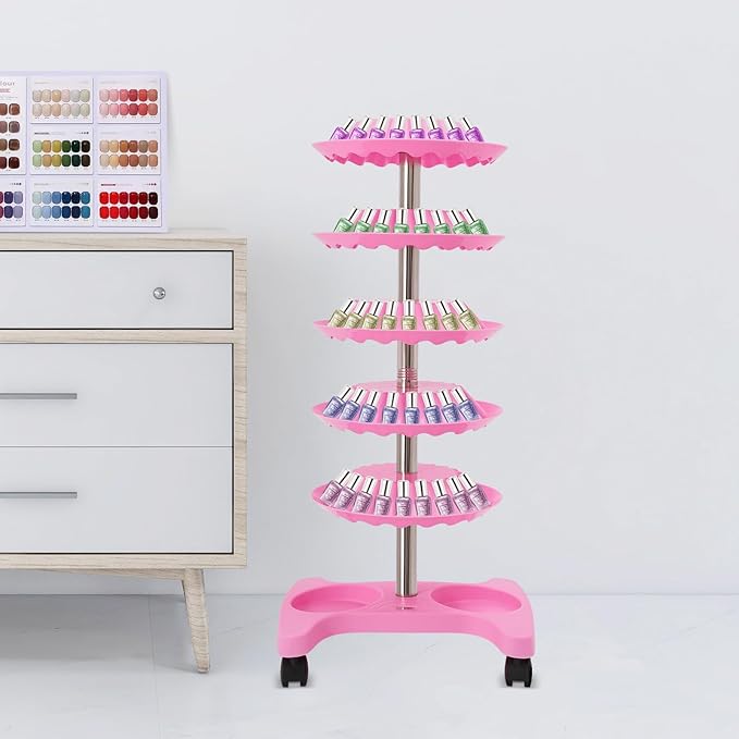 Nail Polish Trolley Organizer, 5 Tiers 360° Rotating Tray Nail Polish Spinning Rack Display Stand with Wheels, Display Rolling Cart for Spa Home Use