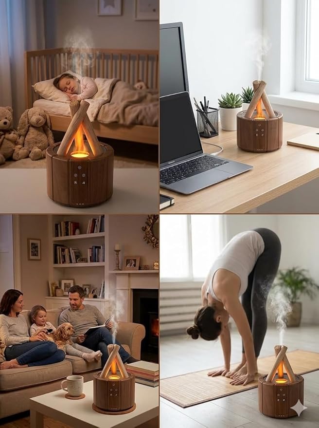 Campfire Flame Diffuser for Essential Oils, 250ml Ultrasonic Cool Mist Aromatherapy Humidifier with Remote Control, 7-Color LED Lights, Timer & Auto-Off for Home, Office & Bedroom