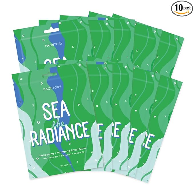 FACETORY K Beauty Face Mask Skin Care - SEA THE RADIANCE PLUMPING Sheet Mask with Peptides & Seaweed Extract | Hydrates, Firms, Rejuvenates (10 Pack)