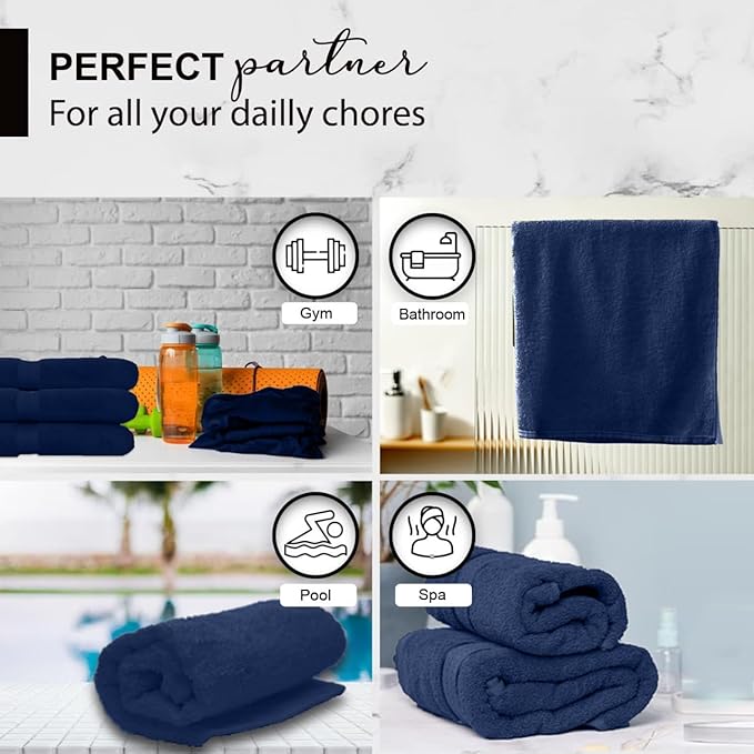 KAHAF COLLECTION 100% Cotton Bath Towels, Navy 24x48 Pack of 6 Towels, Quick Dry, Highly Absorbent, Soft Feel Towel, Gym, Spa, Bathroom, Shower, Pool, Luxury Soft Towels (24x48-6 Pack, Navy)