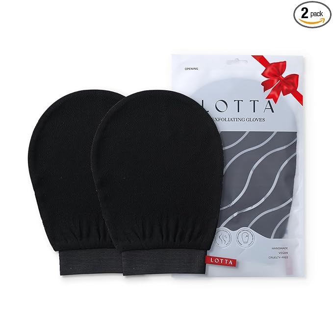 LOTTA Korean Exfoliating Mitt 2Pcs Bath Gloves Bathing Tanning Mitts Self Tanner Shower Body Scrub Large Size Suitable for Men and Women Black