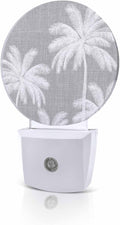 Night Lights Auto Sensor Tropical Palm Trees Night Light Grey Linen Coastal Round Lamp Plug-in LED Nightlights Dusk to Dawn for Living Room Bedroom Bathroom Hallway Wall Decor