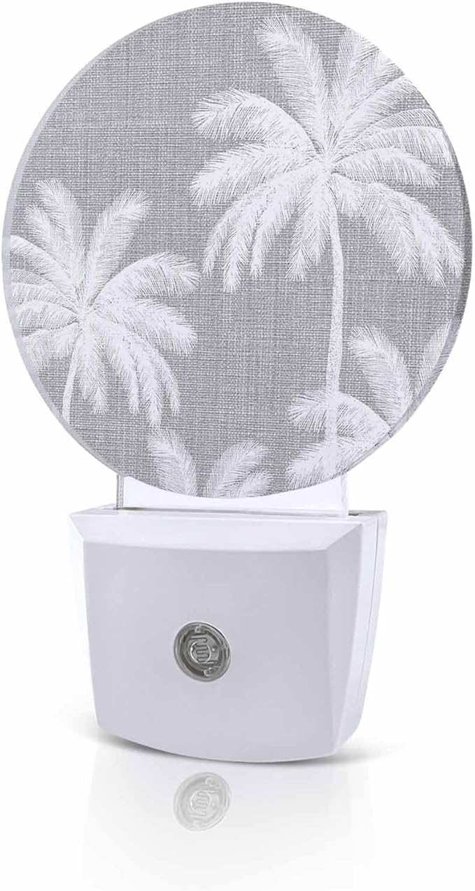 Night Lights Auto Sensor Tropical Palm Trees Night Light Grey Linen Coastal Round Lamp Plug-in LED Nightlights Dusk to Dawn for Living Room Bedroom Bathroom Hallway Wall Decor