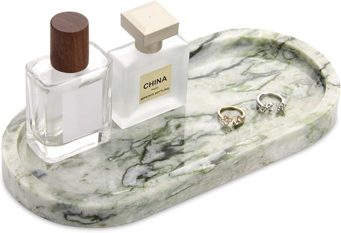Natural Marble Tray Oval, Bathroom Vanity Tray for Countertop, Elegant Stone Decorative Organizer for Perfume, Jewelry, Home Decor (1, Green Emerald, 10 x 5 x 0.6)