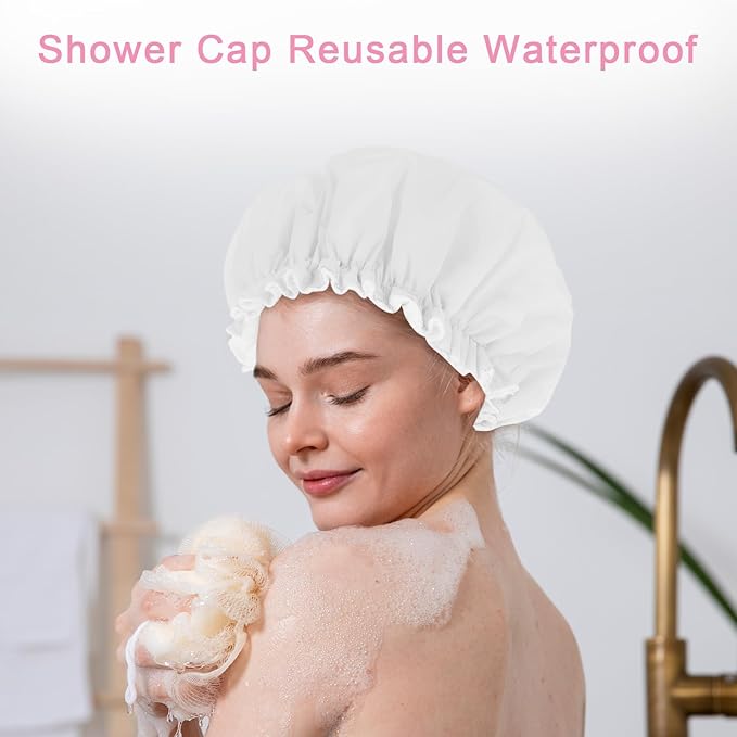 Reusable Shower Caps for Women, Terry Cloth Lined Shower Cap Double Layer Reusable Bath Cap Waterproof Elastic Band Hair Cap for All Hair Lengths for Women Spa Home Salon Use(White)