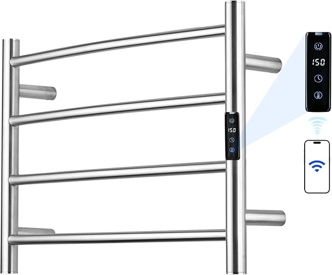Electric Towel Rack with Voice Control for Alexa & Google Home,TUYA - Wall-Mounted Bathroom Heating Towel Warmer,Plug-in,Stainless Steel Material,16.54x23.62x5.51 in,Brushed，4 Bars