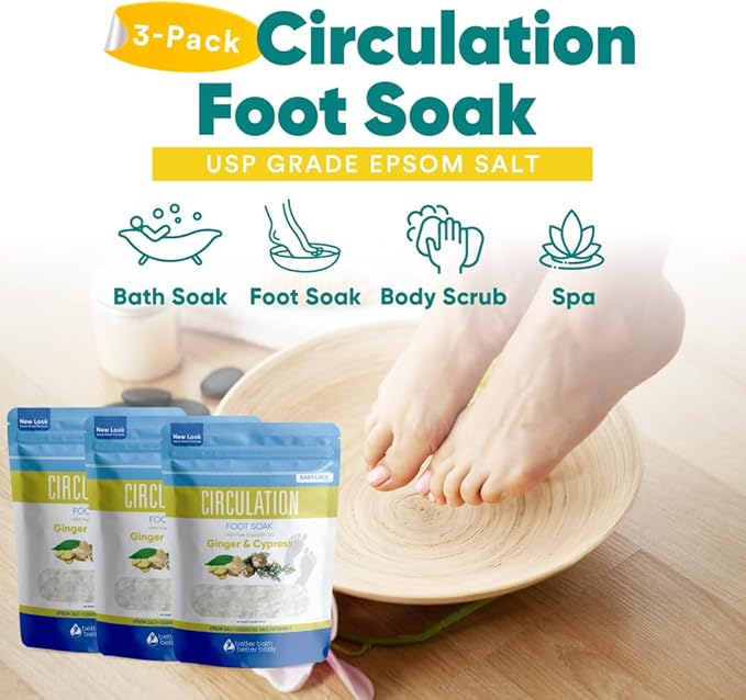 Circulation Foot Soak (3-Pack with Scoop) Foot Soaking Epsom Salts with Pure Essential Oils in BPA Free Pouch with Press-Lock Seal Made in USA, Three 2-Lbs Pouches 6-Lbs Total