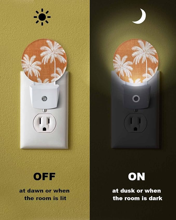 Night Lights Auto Sensor Tropical Palm Trees Night Light Orange Linen Coastal Round Lamp Plug-in LED Nightlights Dusk to Dawn for Living Room Bedroom Bathroom Hallway Wall Decor
