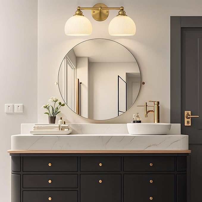 GoYeel Bathroom Vanity Light Fixtures, 2 Light Bathroom Lights Over Mirror Vintage Gold Antique Restroom Light Fixture with Milk White Glass Shade for Bathroom, E26 Base