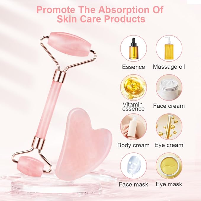 URAQT Gua Sha Facial Tools & Jade Roller Set for Face Guasha Tool for Face Ice Roller for Skin Care Gua Sha Stone Board Set for Reduce Puffiness and Improve Wrinkles Self Care Gifts(Pink)