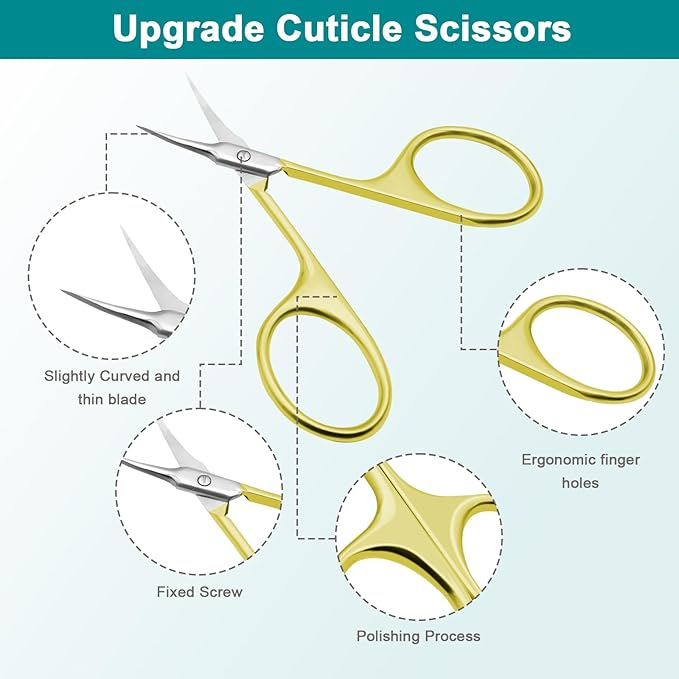 Lermende Cuticle Scissors Extra Fine Curved, Portable Stainless Steel Manicure Scissors with Sharp Curved Blade, Multi-Purpose Russian Manicure Cuticle Trimmer. (Gold, Round Handle)