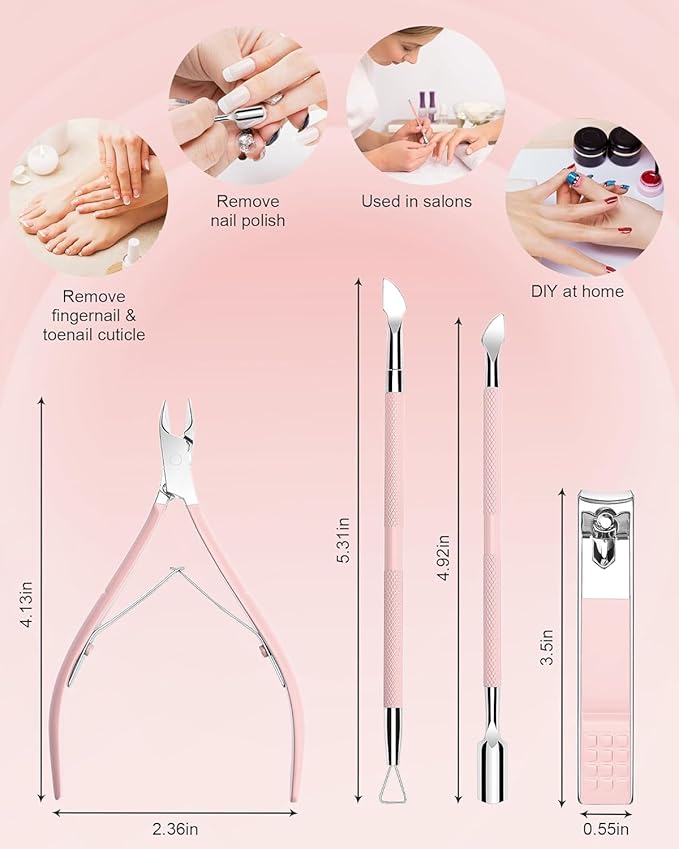 Cuticle Trimmer with Cuticle Pusher and Nail Clipper - 4 PCS Cuticle Cutter Nipper Remover Pedicure Manicure Tools, Professional Stainless Steel Dead Skin Clipper for Fingernails Toenails Pink