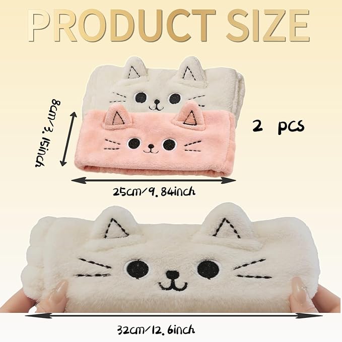2 PCS Cute Cat Ear Spa Headband For Washing Face, Skincare Makeup Headbands For Women, Soft Coral Fleece Hair Accessories (Beige+ Pink)