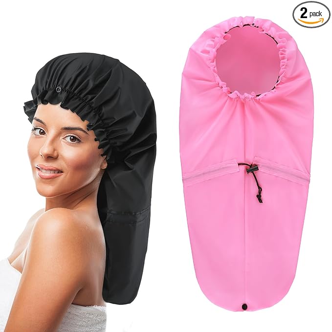 2 Pcs Large Shower Cap for Braids, Extra Long Shower Cap for Women Long Hair & Locs, Waterproof Hair Bonnets for Dreadlocks Drawstring Bath Caps for Women & Men (Black, Pink)