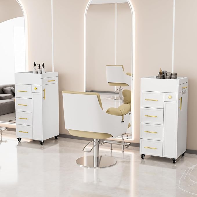 OmySalon Salon Trolley Cart, Hair Styling Station with 5 Drawers, 3 Tool Holders & Adjustable Shelf, Mobile Storage Cabinet Utility Trolley for Barber, Beauty Spa, Home (White)