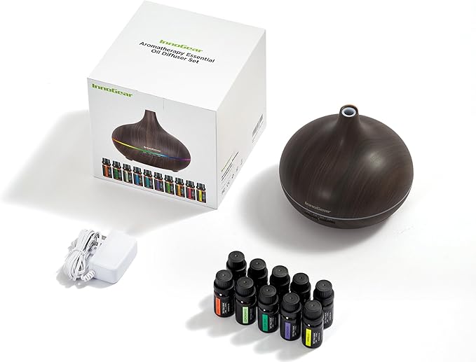 InnoGear Aromatherapy Diffuser & 10 Essential Oils Set, 400ml Diffuser Ultrasonic Diffuser Cool Mist Humidifier with 4 Timers 7 Colors Light Waterless Auto Off for Mother's Gift, Dark Wood Grain