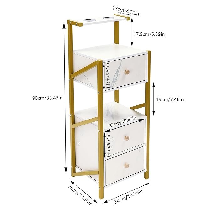 Beauty Salon Station Cabinet, Barber Station with 3 Drawer, Salon Organizer Storage Cabinet for Spa, Barber Store, Salon, Locker Room, Bathroom (Marble Color, Golden)