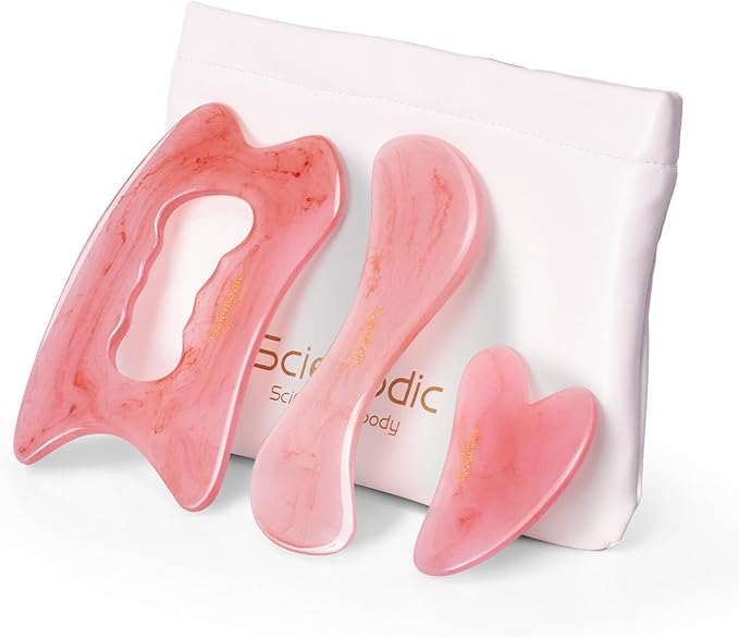 Scienlodic 3 Pcs Gua Sha Massage Tools for Face & Body (Pink, Resin) - Scraping Tools for Back, Legs & Muscle Relaxation, Guasha Facial Tool for Jawline Contouring & Puffiness Reduction