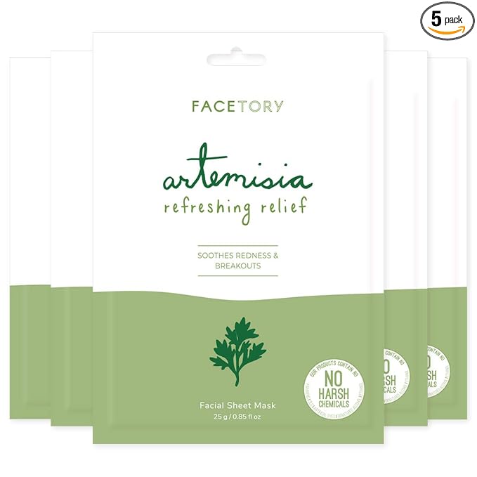 FACETORY K Beauty Face Mask Skin Care - ARTEMISIA REFRESHING RELIEF Sheet Mask with Artemesia Plant Extract | Soothes Redness & Breakouts (5 Pack)