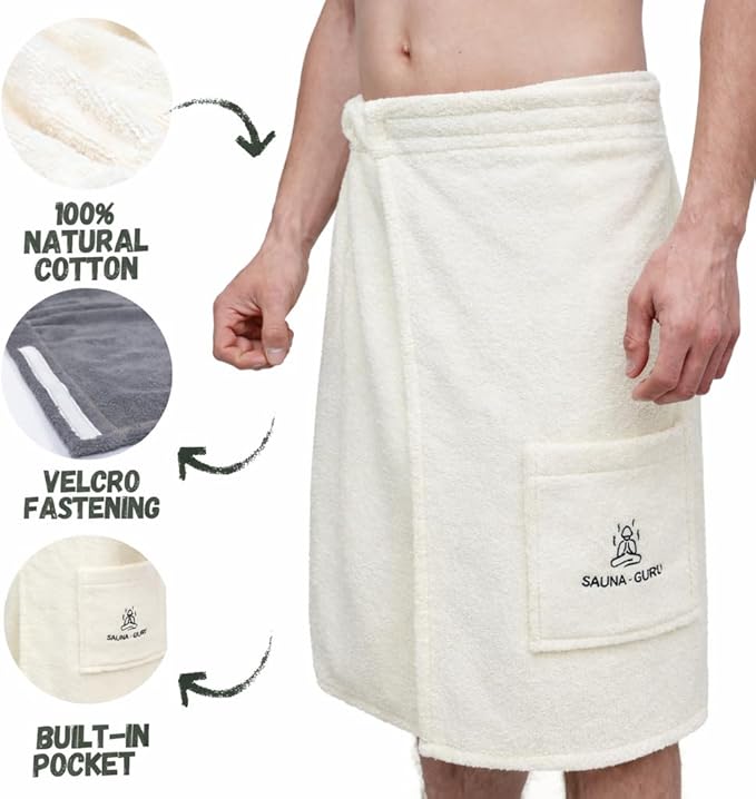 100% Cotton Sauna Kilt Towel Wrap for Men – Soft Sauna Towel for Inside Sauna, Adjustable Waist Wrap Bath Robe, Essential Sauna Accessories for Home Spa, Shower & Dry Sauna, Luxury Gift for Him, Cream