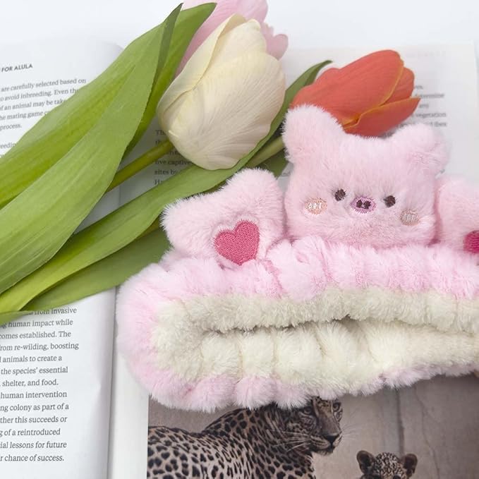 Kawaii Spa Headband - Cute Bear Design for Women's Skin Care, Makeup and Wash - Soft Microfiber Coral Fleece Towel for Girls Hair (Pink, Bear)
