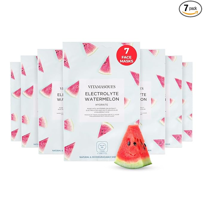 Vitamasques Hydrating Face Masks Electrolyte Watermelon - 7 Pack Korean Sheet Masks for Moisturizing, Plumping & Boosting Elasticity - Vegan Facial Mask Skincare with AHA, BHA, PHA & Niacinamide