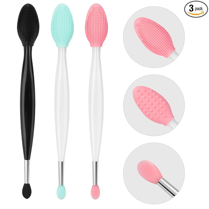 Unaone Lip Scrub Brush - 3 PCS Dual-ended Lip Scrubber Exfoliator and Silicone Lip Brush, 2-in-1 Silicone Lip Scrub Tool Lip Mask Applicator, Gentle Exfoliator & Applicator for Soft