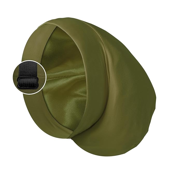 Satin Bonnet Silk Lined Sleep Cap- Adjustable Hair Cover for Women Men Frizzy Hair Night Cap Patients Care Olive Green