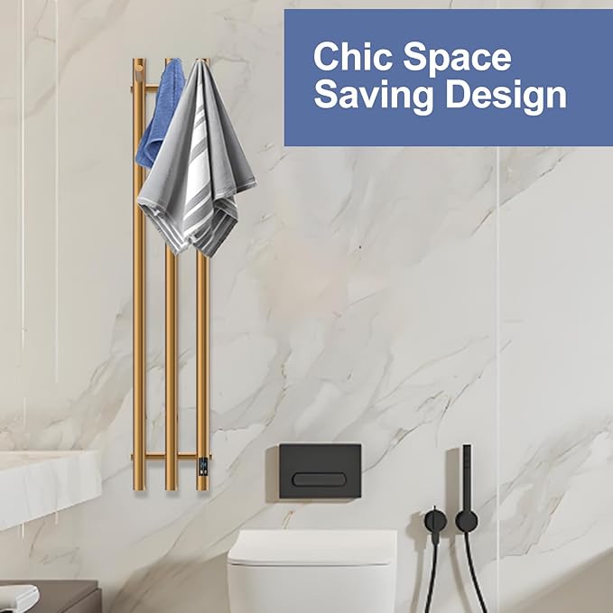 Electric Heated Towel Rack with Timer, Wall-Mounted Towel Warmer, 3 Vertical Bars, Plug-in or Hardwired, 37.4 Inch Height, Round Design (Gold)