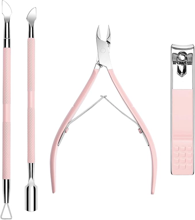 Cuticle Trimmer with Cuticle Pusher and Nail Clipper - 4 PCS Cuticle Cutter Nipper Remover Pedicure Manicure Tools, Professional Stainless Steel Dead Skin Clipper for Fingernails Toenails Pink