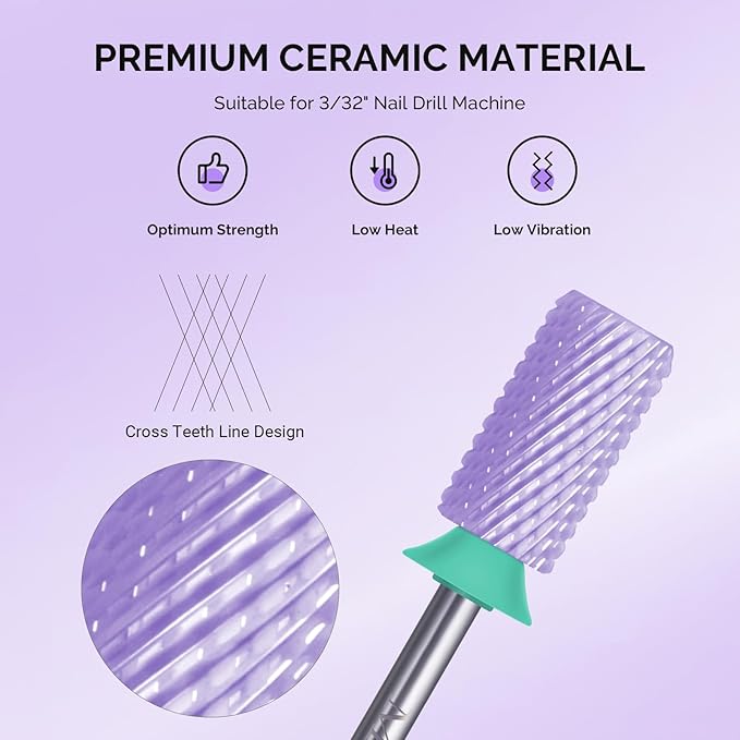 MelodySusie Ceramic Nail Drill Bits, 3/32'' Chamfer Flat Top Large Barrel Bits, Fast Remove Acrylic or Hard Gel, Nail Tool for Manicure Pedicure, Salon Home, Professional or Beginner, Purple, Coarse