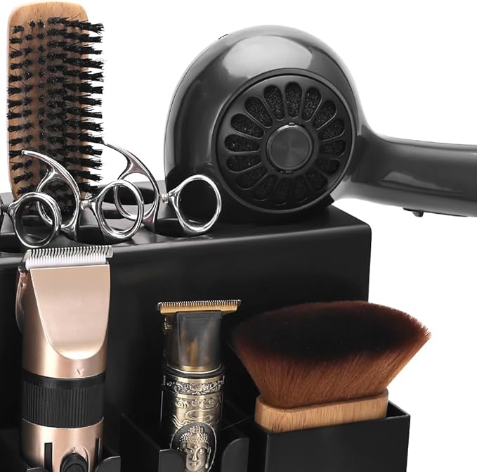 Hair Dryer Holder, Versatile Station Organizer for Wall or Desktop use, Stores Hair Dryers, Clippers, Curling Irons, Combs, Scissors, and More, for Barbershops, Salons, and Home Bathrooms