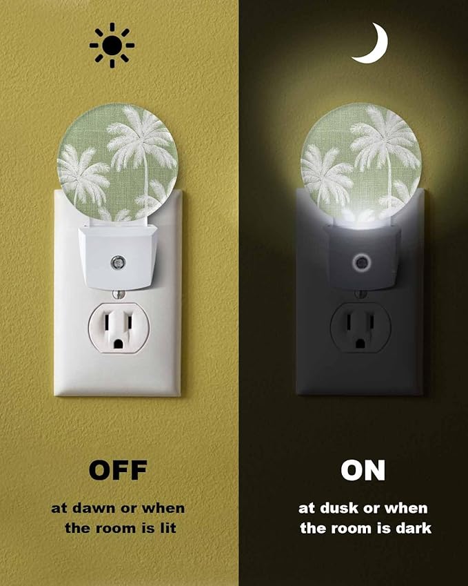 Night Lights Auto Sensor Tropical Palm Trees Night Light Olive Green Linen Coastal Round Lamp Plug-in LED Nightlights Dusk to Dawn for Living Room Bedroom Bathroom Hallway Wall Decor