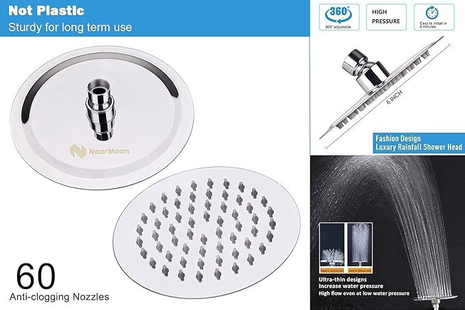 NearMoon Shower Head and 15 Stage Shower Filter Combo, High Pressure Filtered Shower for Hard Water, Improves the Condition of Your Skin, Hair (6 Inch, Chrome)