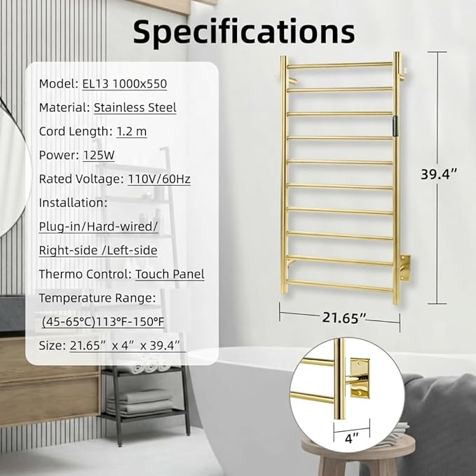 P&Dlusir Towel Warmer, Heated Towel Rack with Smart Timer and Thermo Control, Wall-Mounted Heated Towel Rail, Stainless Steel, Hard-Wired/Plug-in, Polished Gold, 10 bar