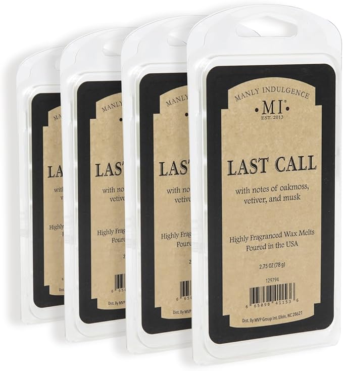 Manly Indulgence Last Call Scented Wax Melts, Wax Melt Warmer Cubes, Long Lasting Scented Wax Warmer Cubes, 4 Pack, 6 Cubes Each - Made in The USA